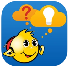 En smilende emoji med to tankerbobler som inneholder et spørsmåltegn og en lyspære