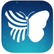 Logo. Sommerfugl med en vinge som er gjennomsiktig.
