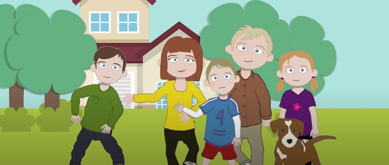 En familie foran et hus