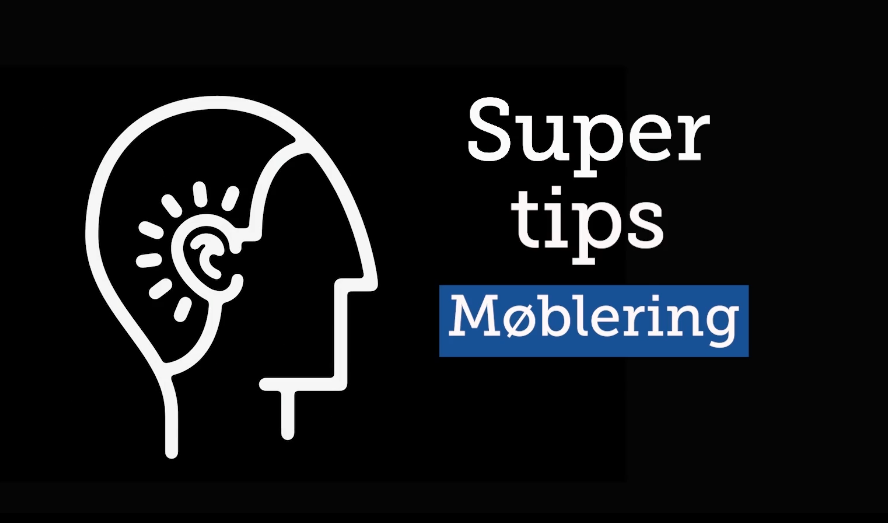 Tegning av hode i profil med markert øre og teksten Supertips Møblering