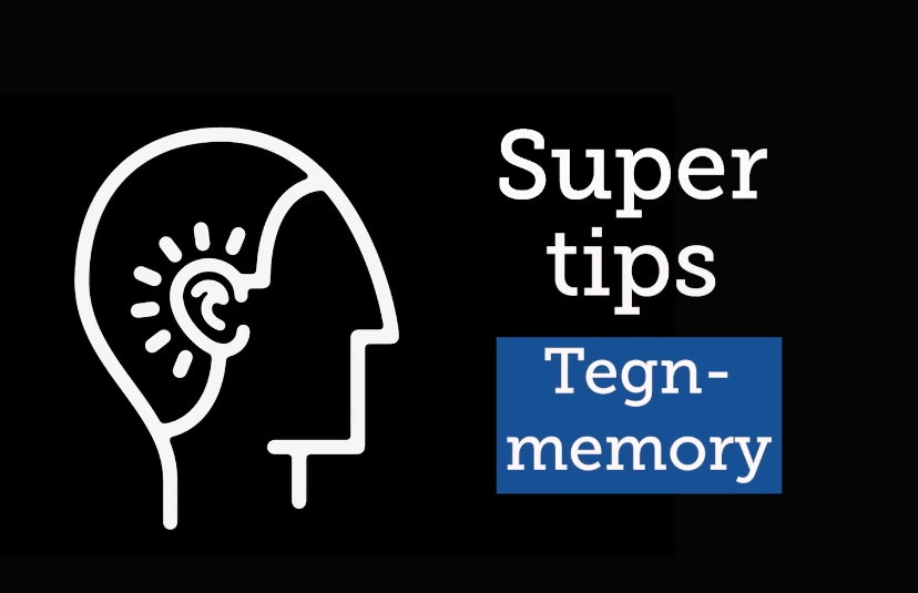 Tegning av et hode i profil med markert øre og tekst Supertips Tegnmemory
