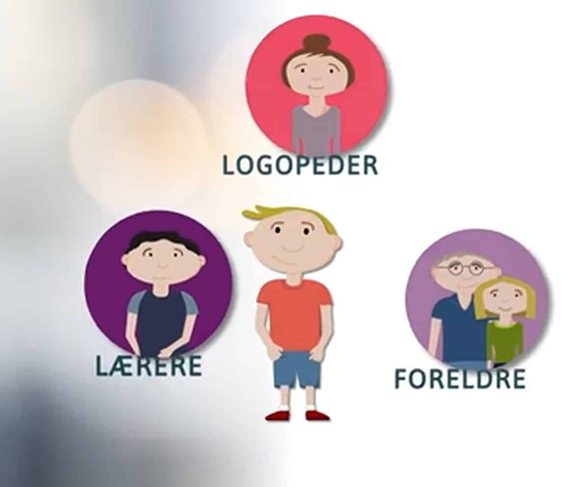 Illustrasjon av et barn i midten med lærere, foreldre og logopeder rundt