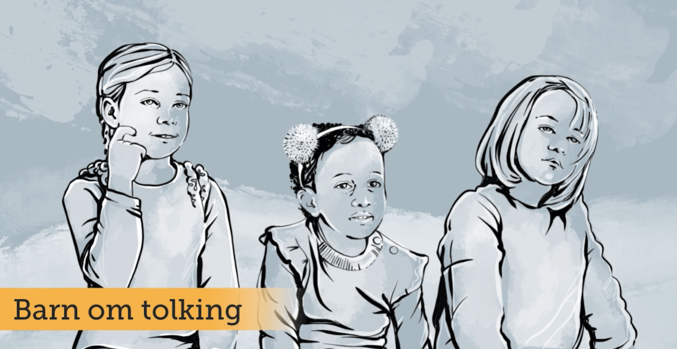 Tegning av tre barn med teksten "barn om tolking"