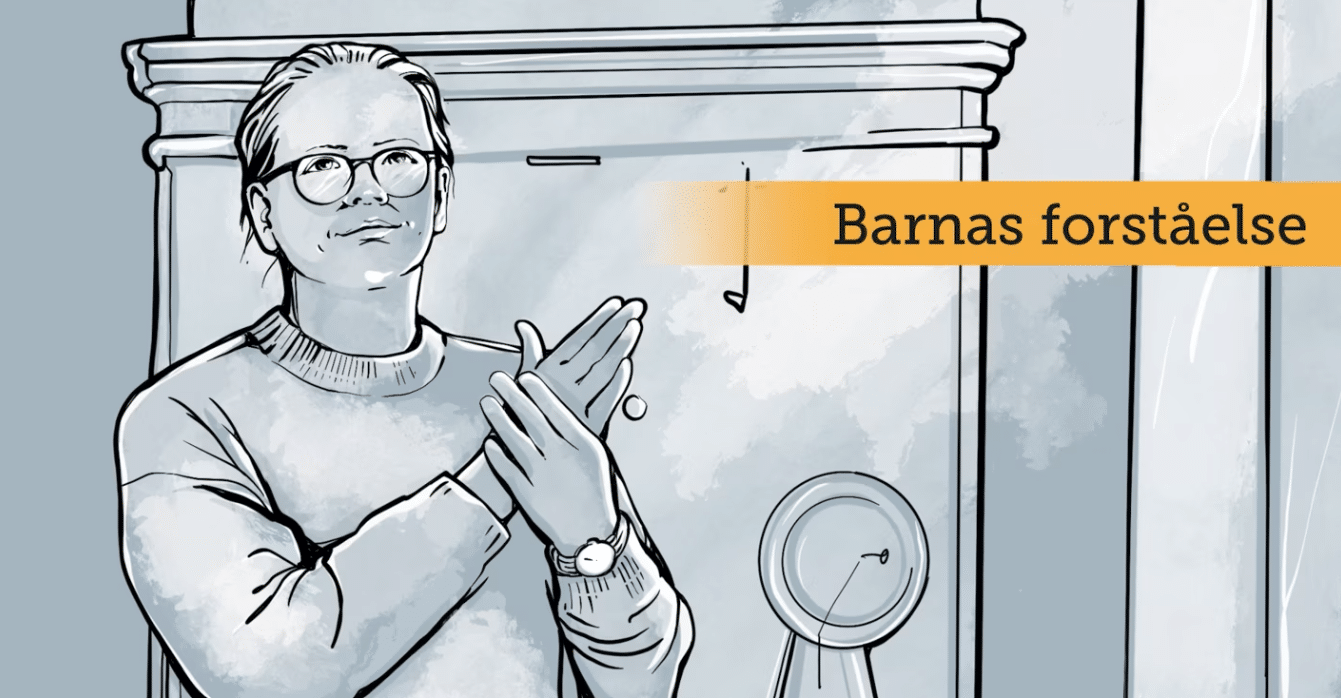 Tegning av voksen som prater tegnspråk med teksten "Barns forståelse"