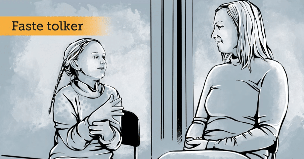 Tegning av ei jente og en tolk med teksten "Faste tolker"
