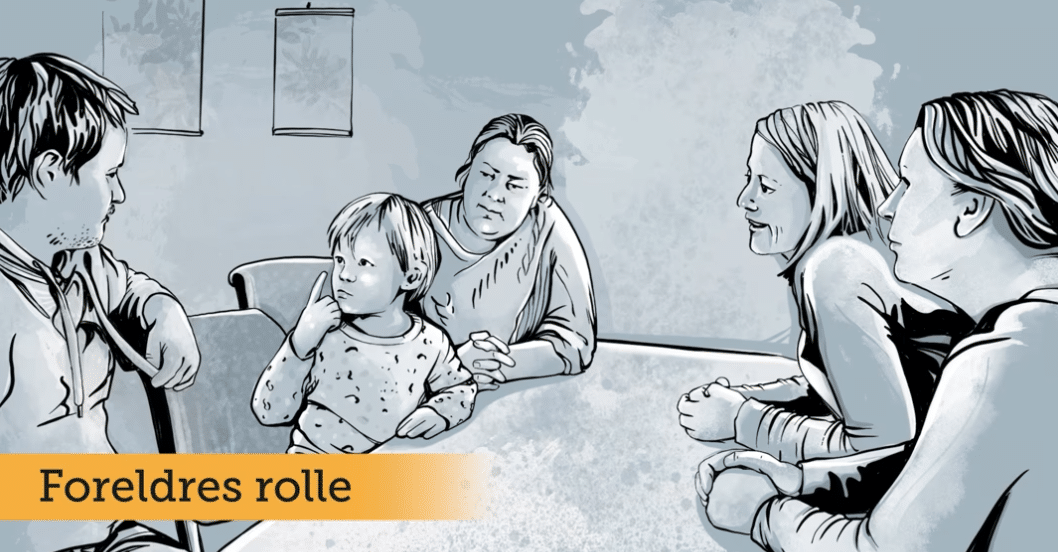 Tegning av en familie rundt spisebordet med teksten "Foreldrenes rolle"