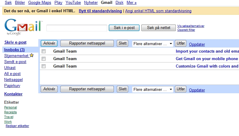 Gmail innboks med enkel HTML-visning