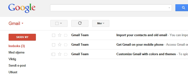 Gmail innboks med standardvisning