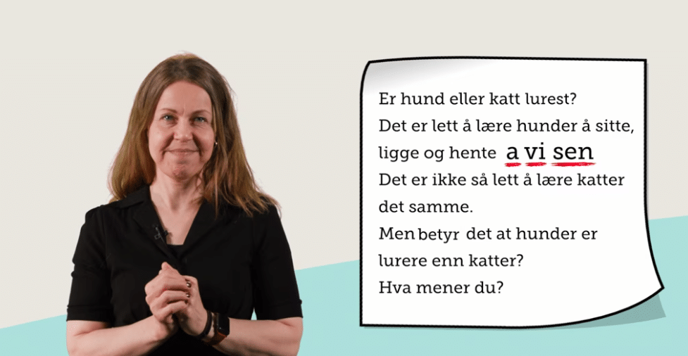 Bilde fra film med teksten: "Er hund eller katt lurest? Det er lett å lære hunder å sitte, ligge og ente a_vi_sen. Det er ikke lett å lære katter det samme. Men betyr det at hunder er lurere enn katter, hva mener du?"