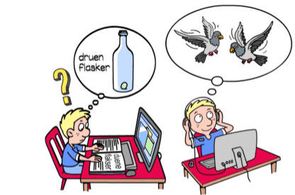 Tegning av to gutter ved hver sin pc. Den ene leser druen flakser, den andre duen flakser