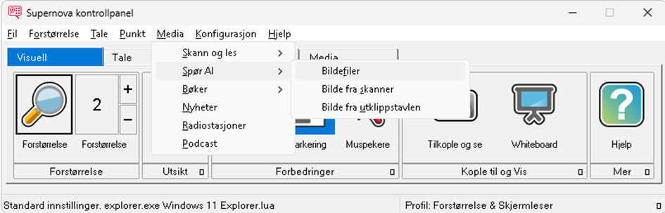 Supernova kontrollpanel med Media og Spør AI