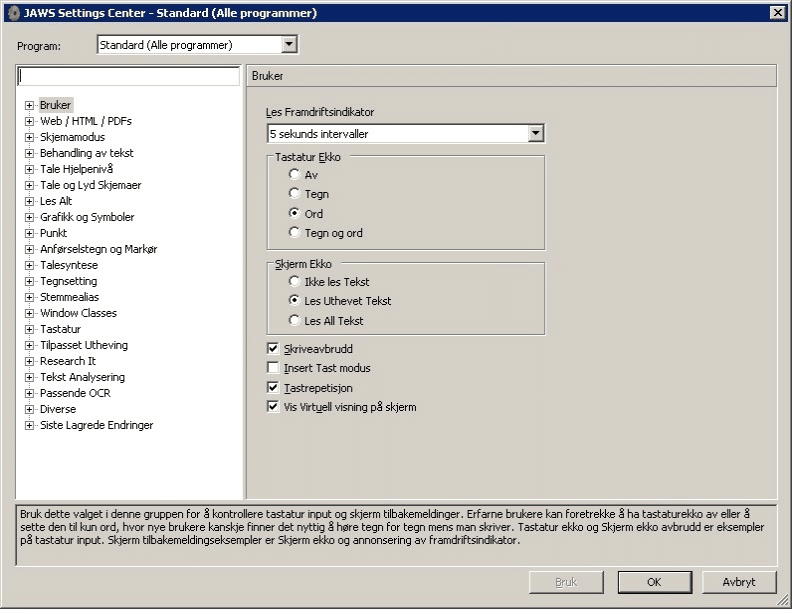 JAWS Settings Center, her valgt med Standard (alle programmer)