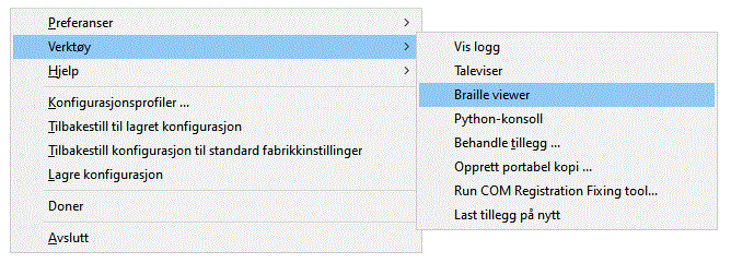 Under menyen verktøy aktiveres Braille viewer