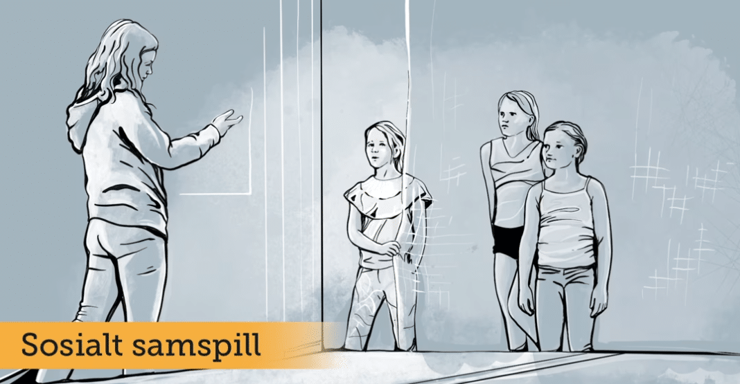Tegning av tre jenter på trening og en trening som prater med teksten " Sosialt samspill"