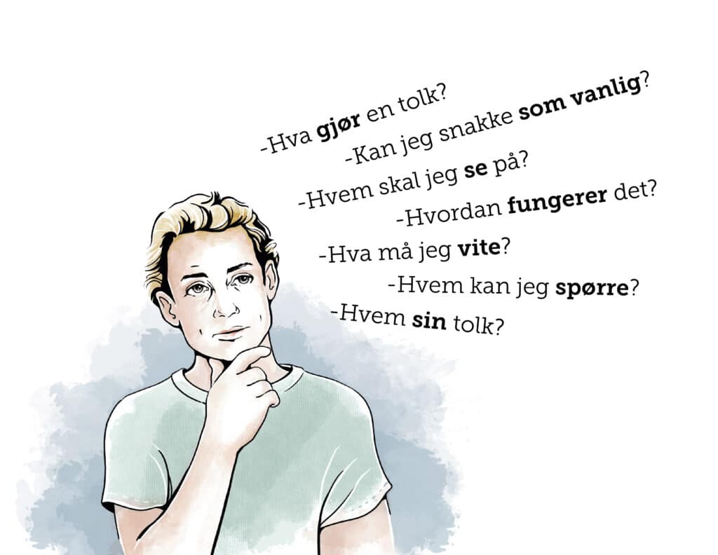 Illustrasjon av mann med mange spørsmål.