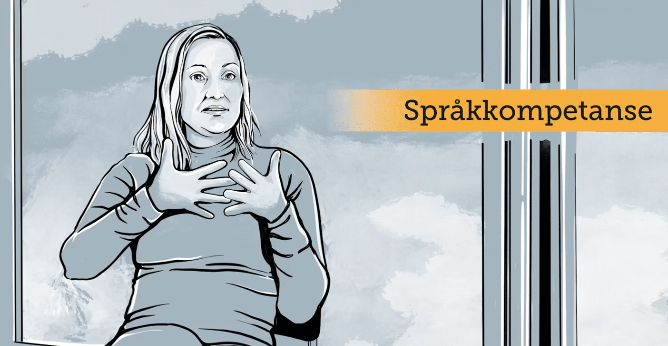 Tegning av voksen som prater tegnspråk med teksten "språkkompetanse"