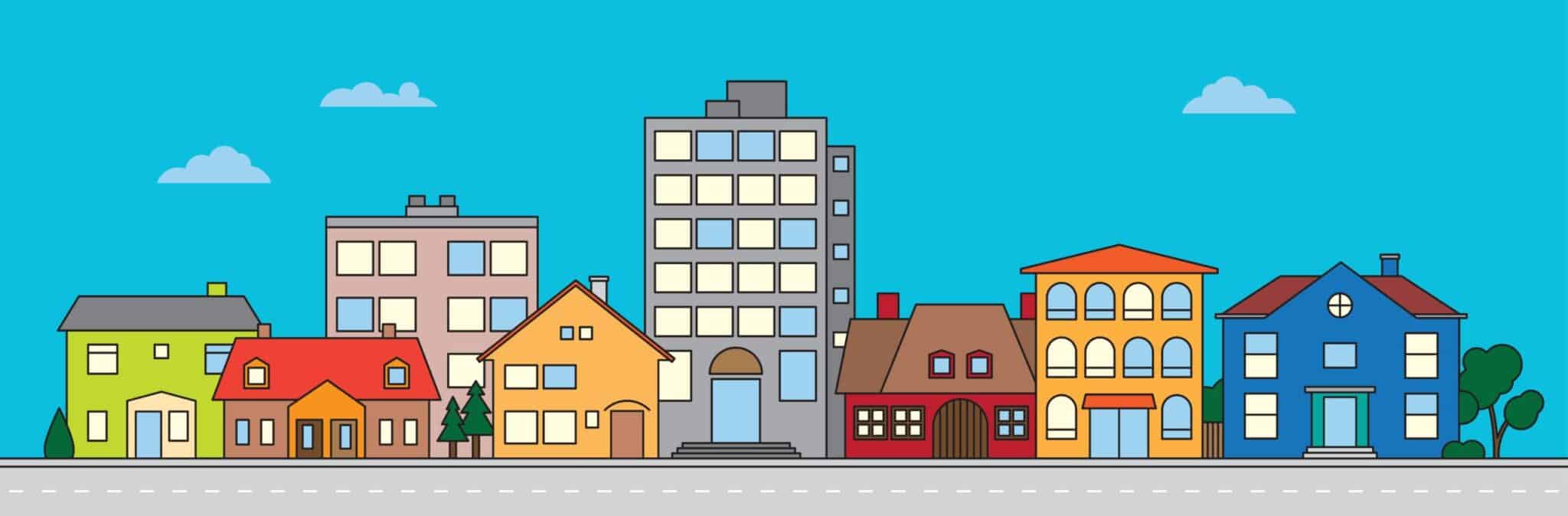 tegning av en gate med hus