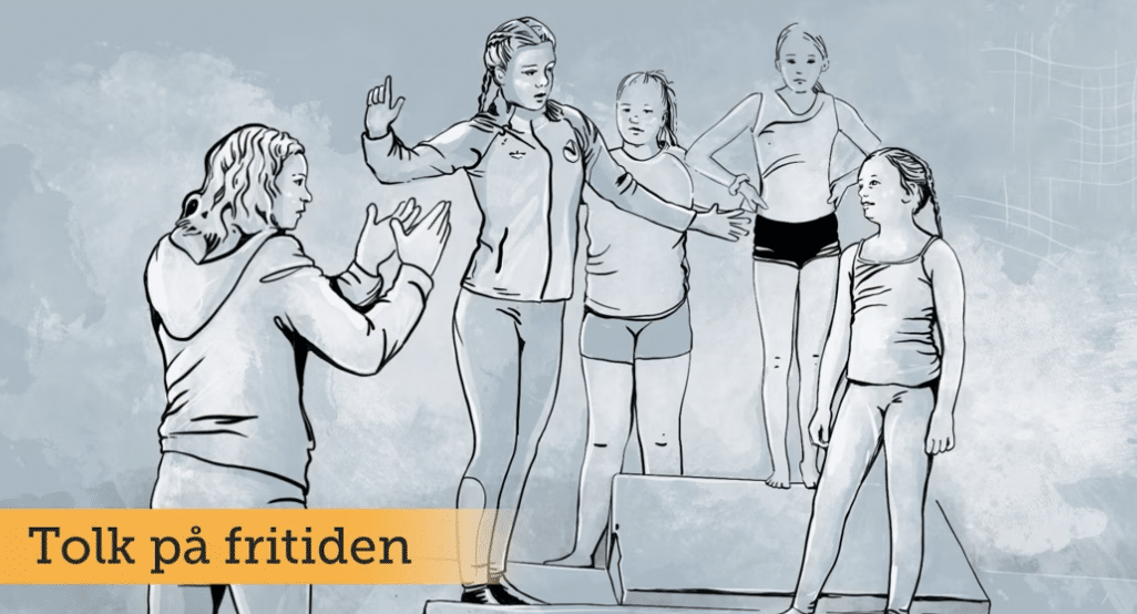 Tegning av fire jenter på trening med en femte som tolker