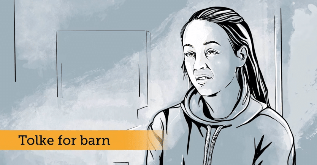 Tegning av en voksen med teksten "Tolke for barn"