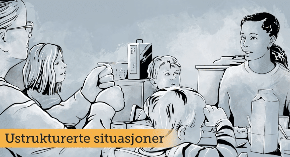 Tegning av en familie rundt spisebordet med teksten"ustrukturerte sistuasjoner"