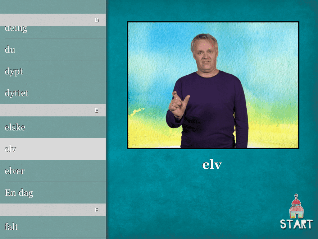 Illustrasjon fra video av mann som viser tegn på norsk tegnspråk for ordet "elv"