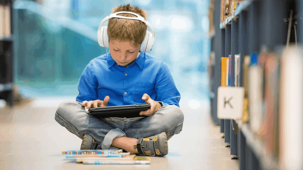 Gutt med hodetelefon og nettbrett sitter ved bokhylle og hører på skolelydbøker