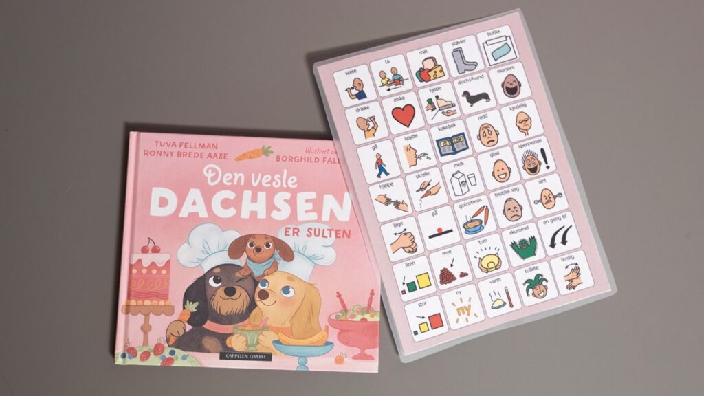 Illustrasjon av boka Den vesle Dachsen og eit A4 ark med temaspesifikke grafiske symbol