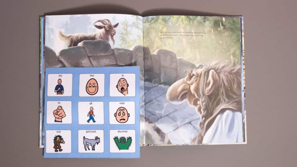 Illustrasjon av ei bokside i Bukkene bruse, og eit laminert ark med ni grafiske symbol på.