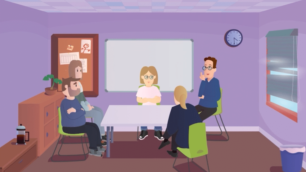 Illustrasjon: fem voksne sitter rundt et bord på et kontor og diskuterer