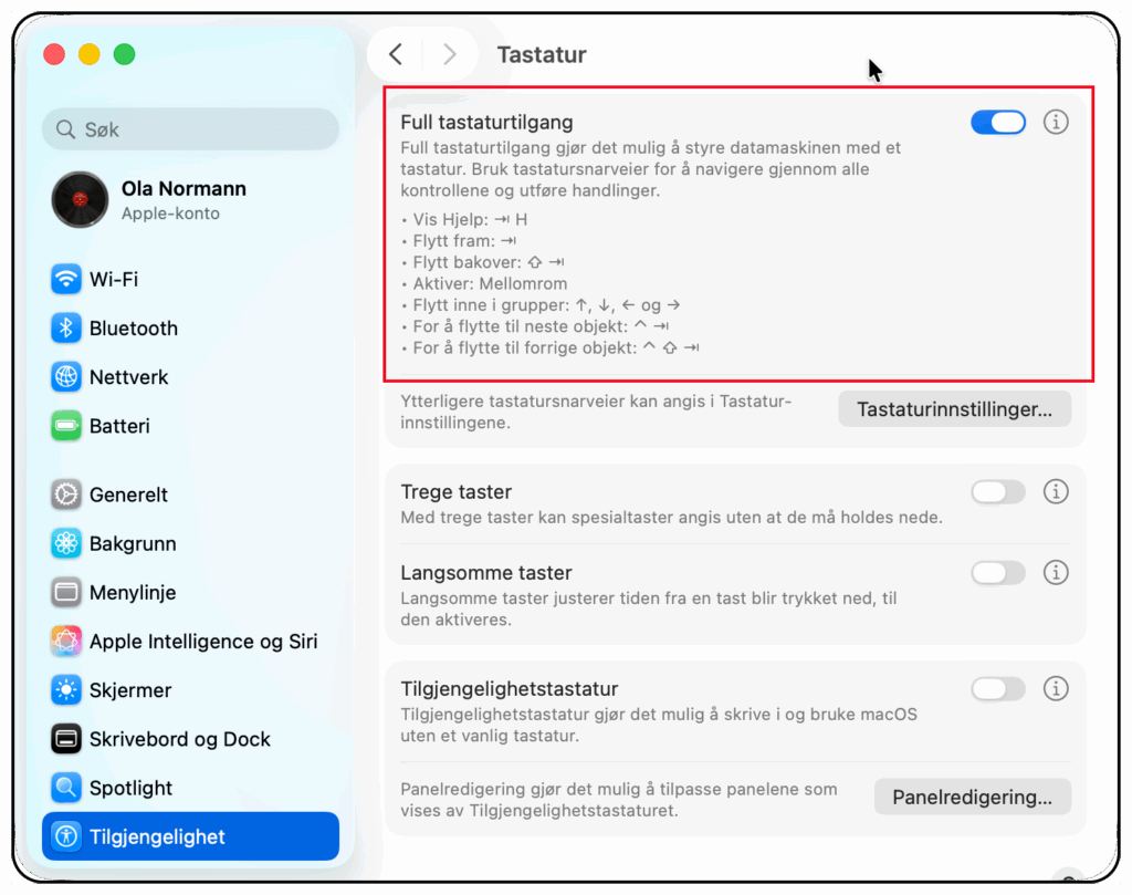 Dialog i Systeminnstillinger med knapp for å aktivere Full tastaturtilgang.