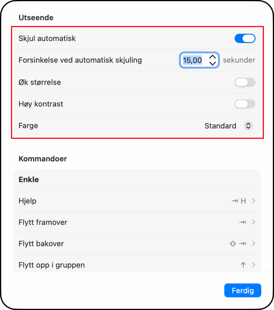 Dialog med mulighet for tilpasning av funksjonen Full tastaturtilgang.