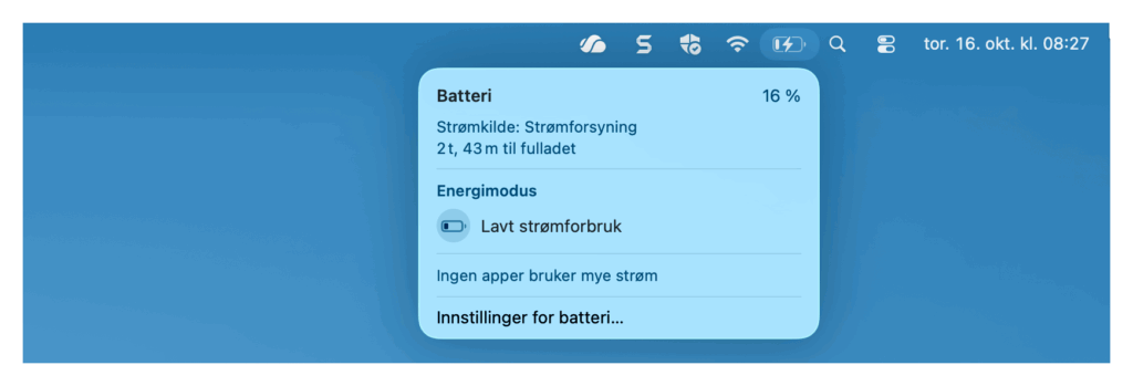 Batteri valgt fra Statusmenyene.