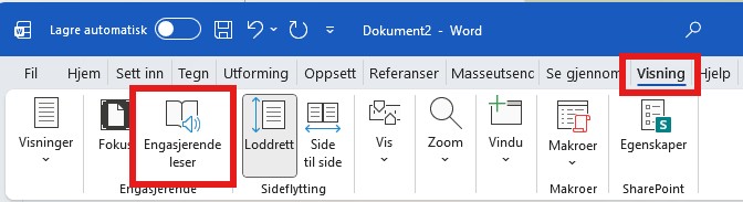 Båndet i Word, med Engasjerende leser uthevet
