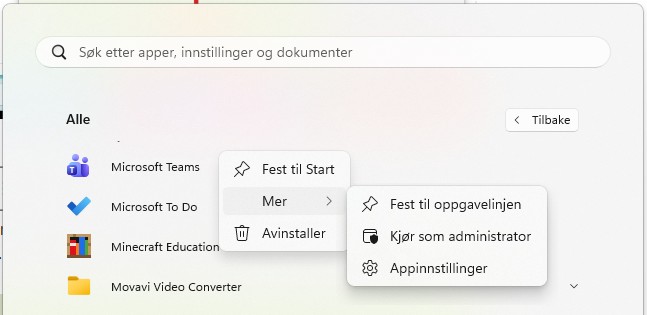 Fest til oppgavelinje og startmeny