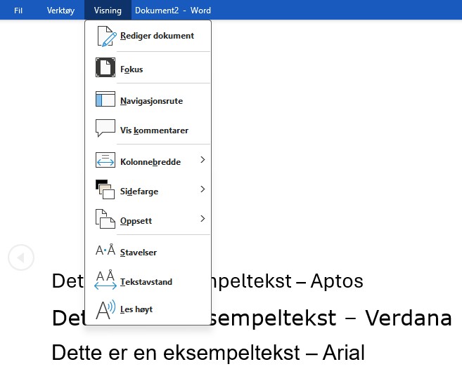 meny for visning i lesemodus