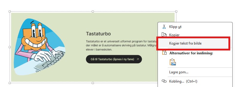 Høyreklikkmeny bilde i Onenote
