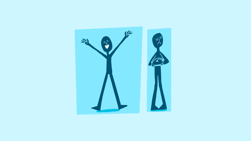 A smiling person with open arms and a sullen person with arms crossed.