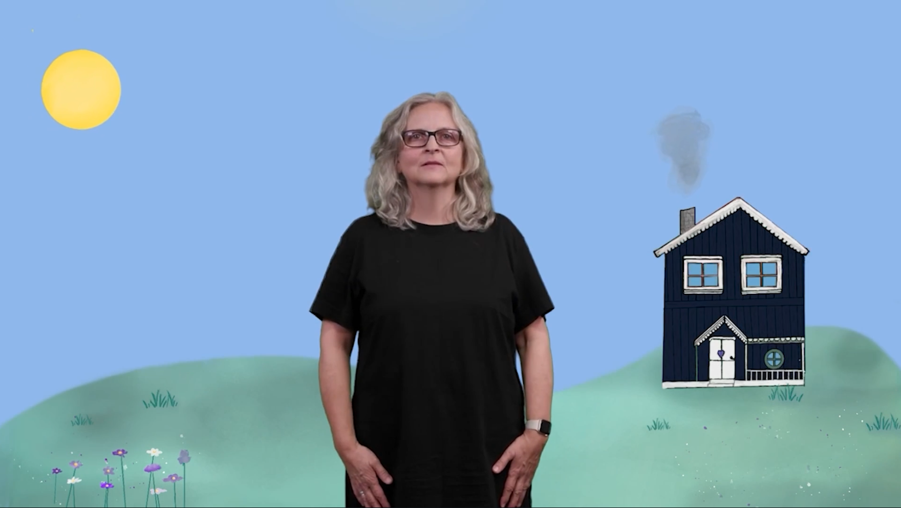 Dame foran illustrasjon av landskap med sol, blå himmel og et hus.