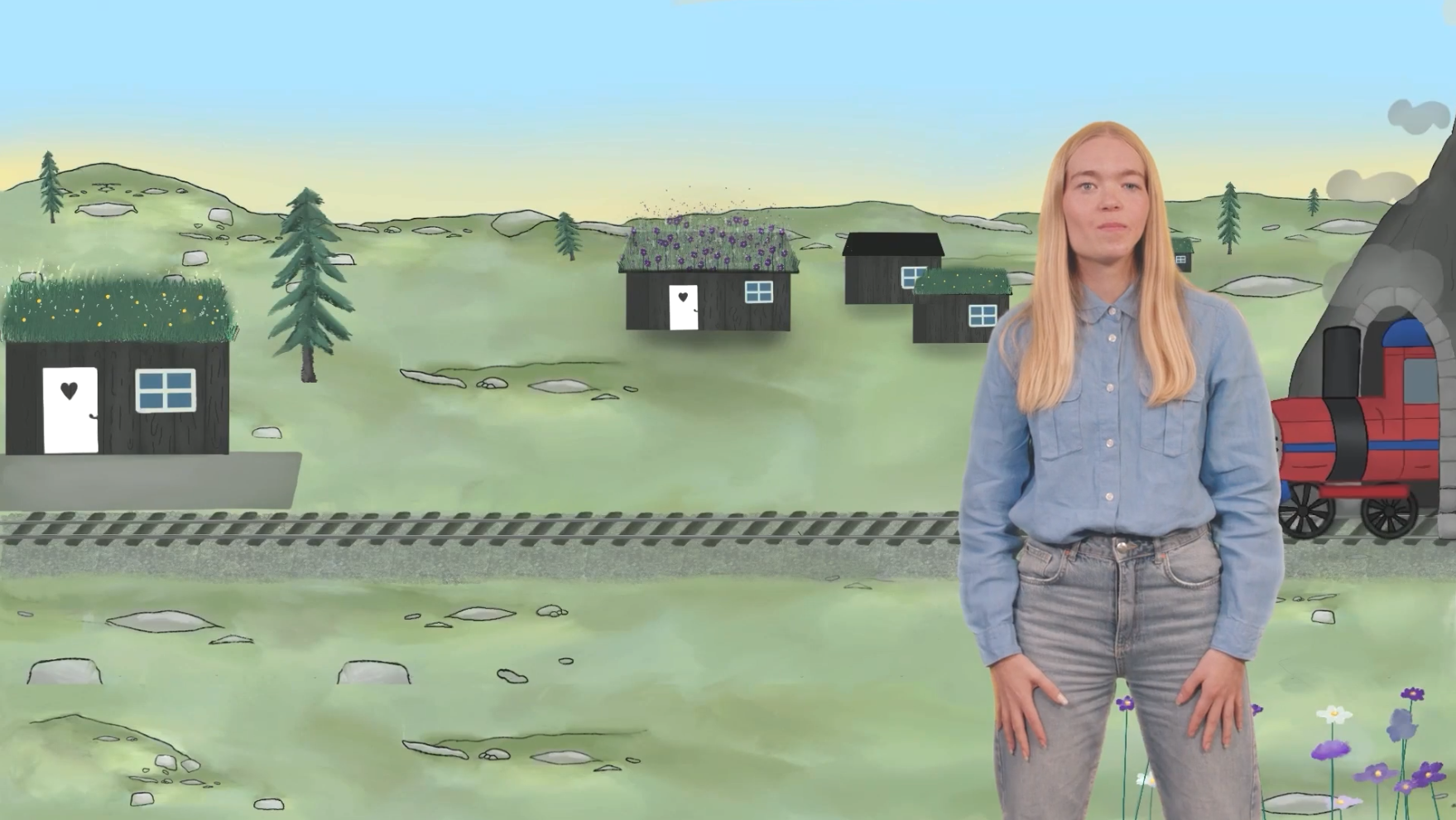 En dame står foran en tegnet bakgrunn med toglinje i et landskap og et tog som kommer ut av en tunell.
