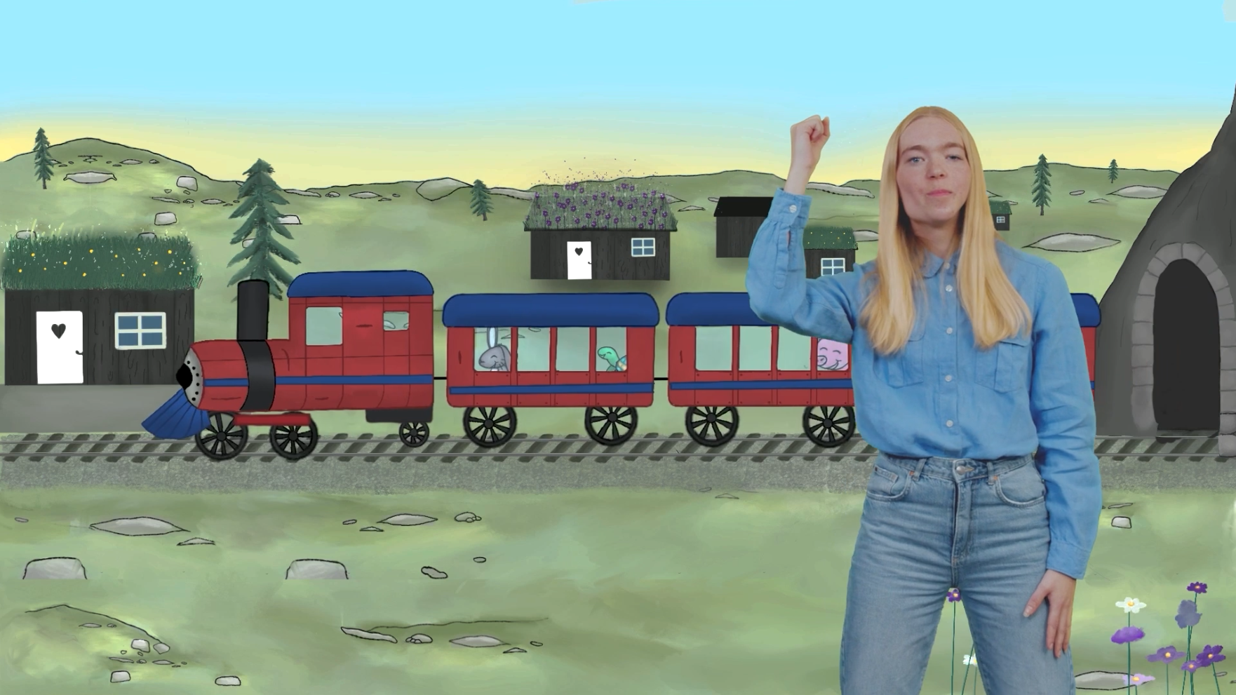 En dame står foran en illustrasjon av et landskap med tog.