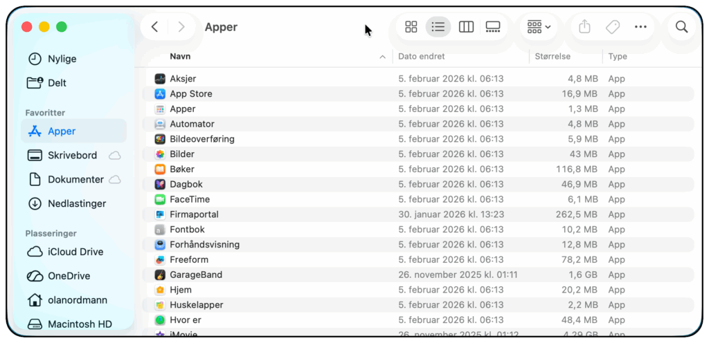 Et Finder-vindu som viser appene på Macen