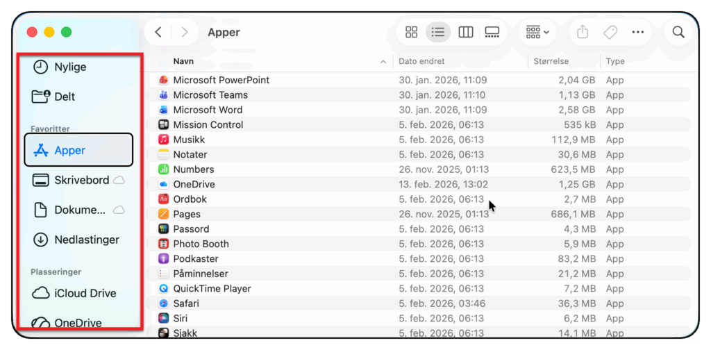 Bytt mappe fra sidepanelet i Finder-vinduet