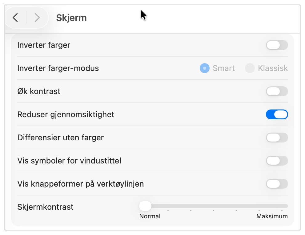 Tilpass skjermen med Gjennomsiktighet for å redusere transparens.