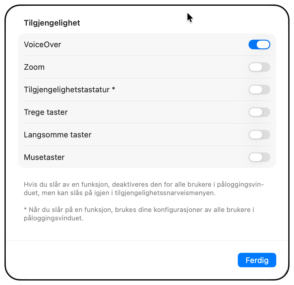 Aktiver VoiceOver i påloggingsvinduet