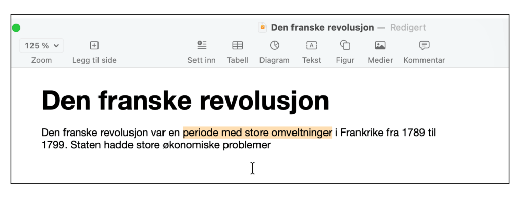 Markert tekst i Pages.