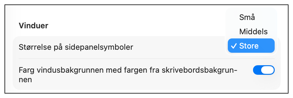 Endre størrelse på sidepanelsymbolene under Systeminnstillinger