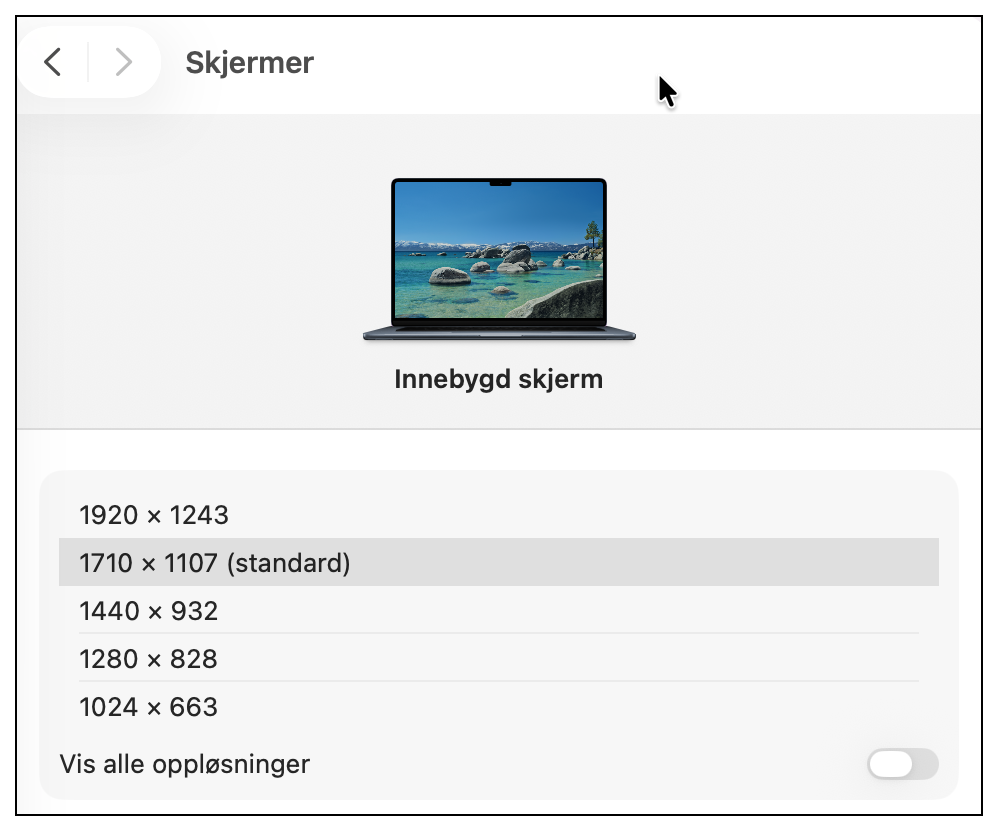 Endre skjermoppløsning i Systeminnstillinger
