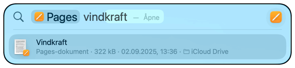 Søk med Spotlight og filtrering på app og filnavn