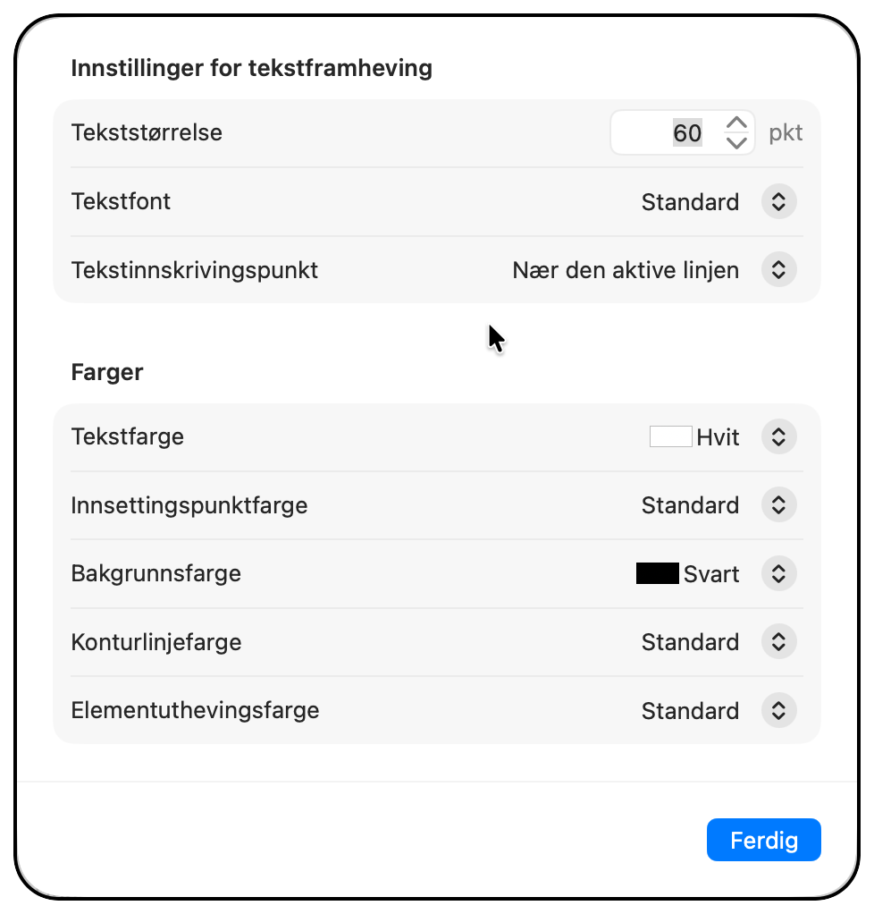 Dialog med innstillinger for Tekstframheving.