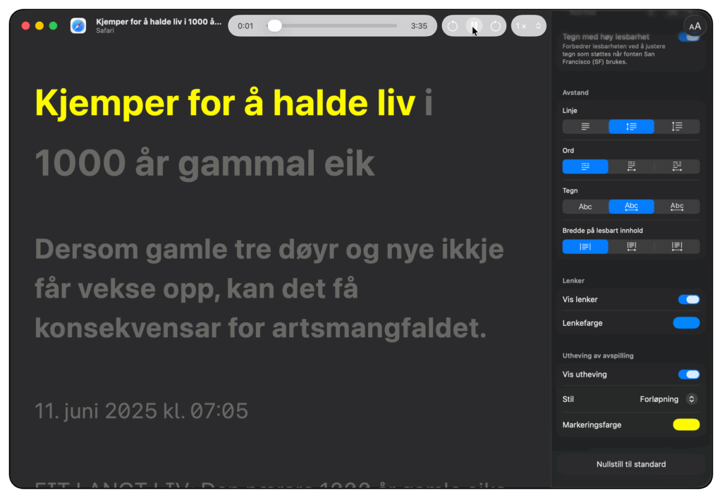 Opplesing med Tilgjengelighetsleser og tilpasset tekst